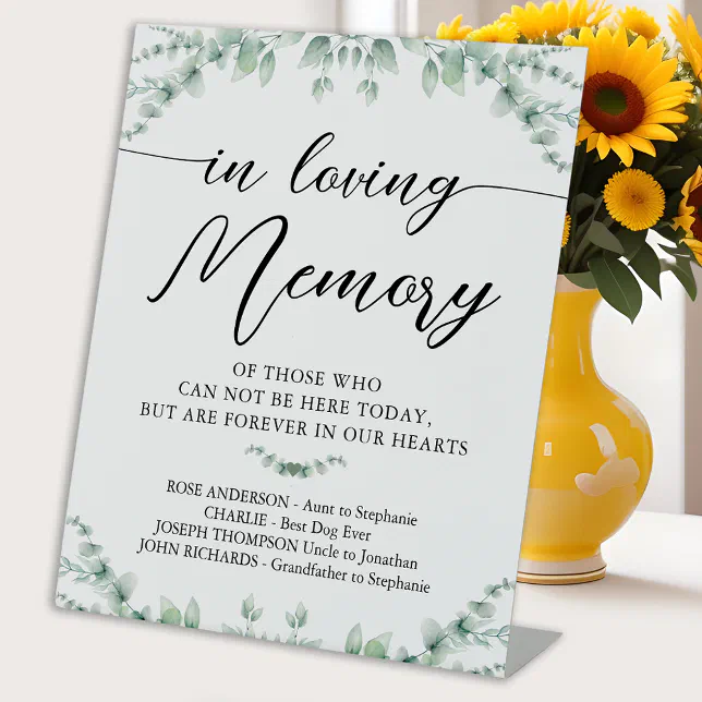 In Loving Memory Modern Wedding Greenery Memorial Pedestal Sign | Zazzle