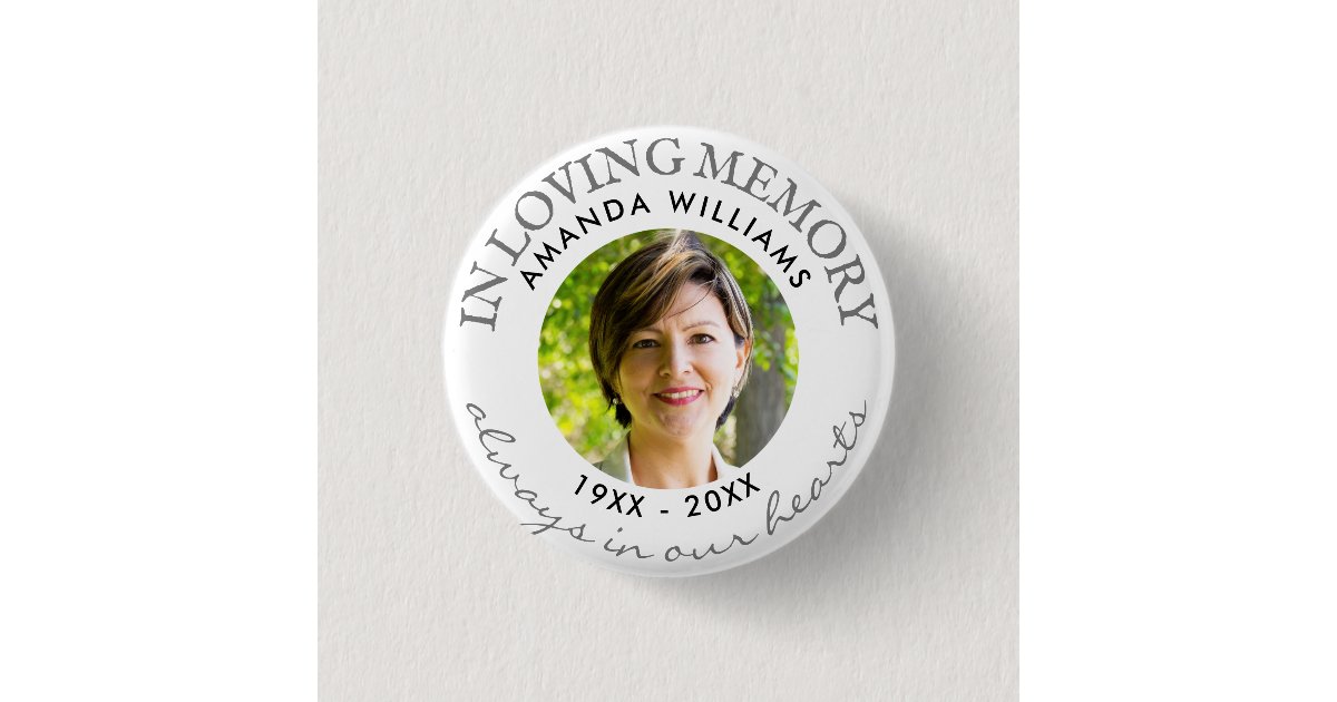 In Loving Memory Modern White Photo Memorial Button | Zazzle