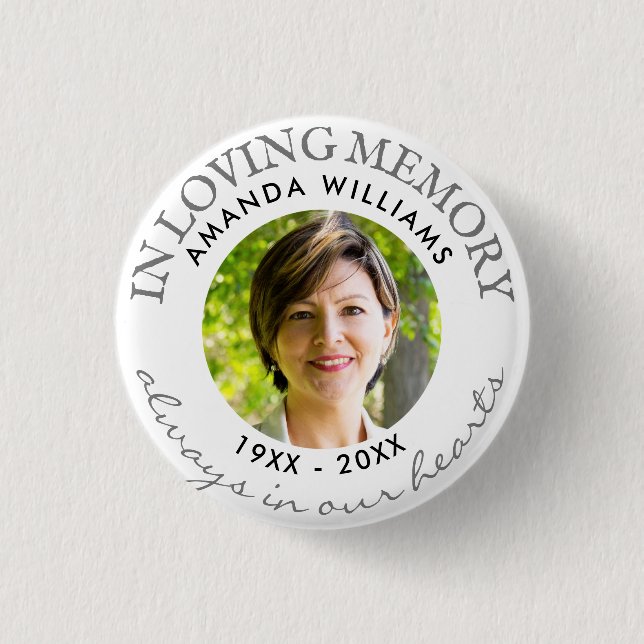In Loving Memory Modern White Photo Memorial Button (Front)