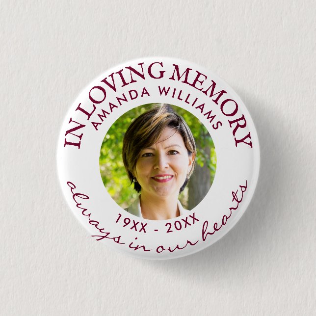 In Loving Memory Modern White Photo Memorial Red Button (Front)