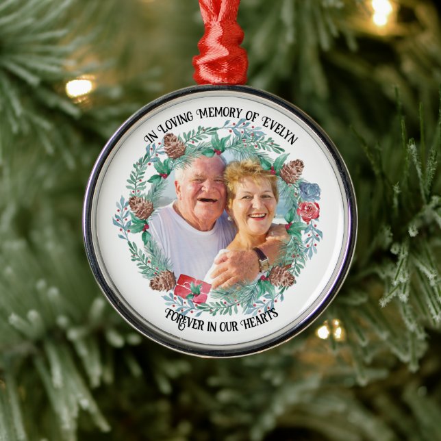 In Loving Memory Name and Photo Pine Cone Wreath Metal Ornament (Tree)