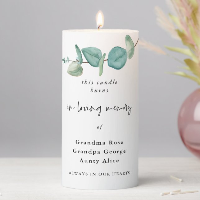In Loving Memory Names Blue Eucalyptus Wedding Pillar Candle (In Situ)