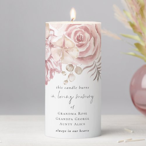 In Loving Memory Names Dusty Pink Florals Wedding Pillar Candle