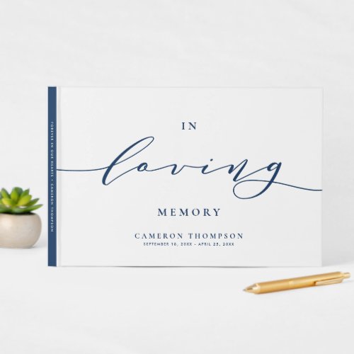 In Loving Memory Navy Blue Dainty Script Funeral Guest Book