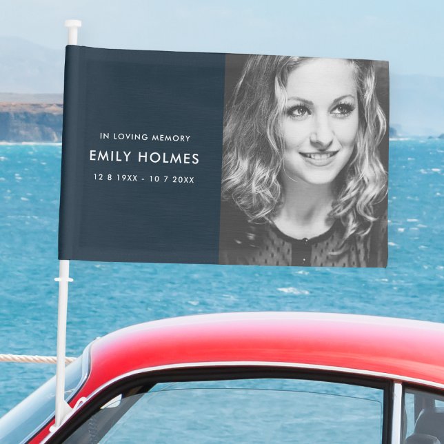 In Loving Memory | Navy Blue Modern Memorial Photo Car Flag (Creator Uploaded)