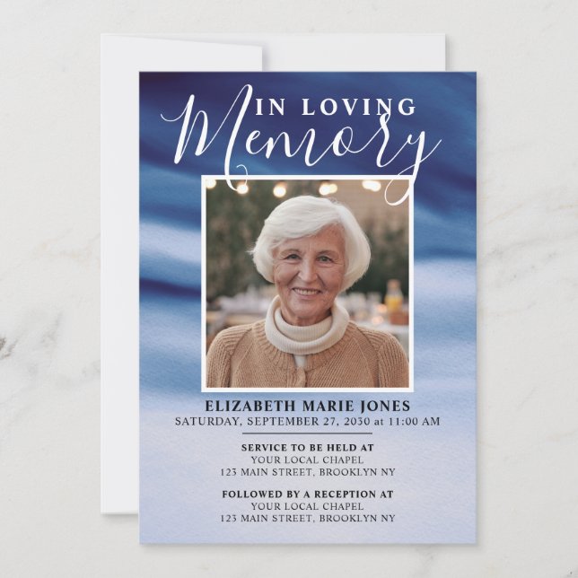 IN LOVING MEMORY Navy Blue Photo Memorial Funeral Invitation (Front)