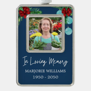 In Loving Memory Navy Blue Red Bows Custom Photo Christmas Ornament