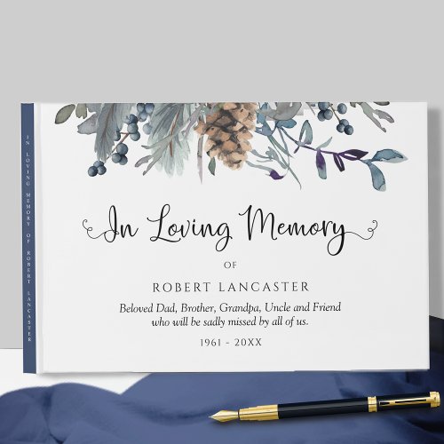 In Loving Memory Navy Blue Rustic Floral Funeral Guest Book