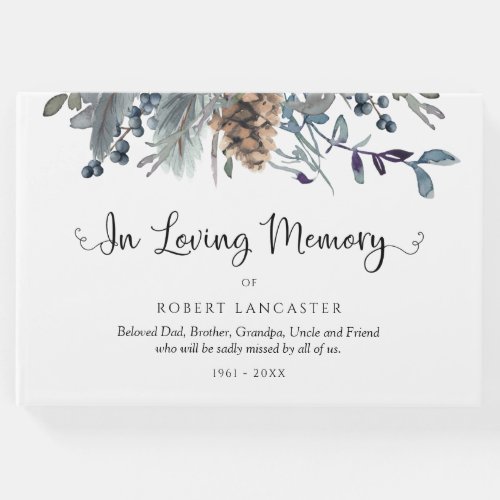 In Loving Memory Navy Blue Rustic Floral Funeral Guest Book