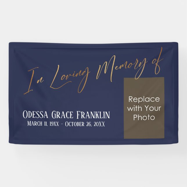 In Loving Memory of Gold Navy Blue w/ Photo Space  Banner (Horizontal)