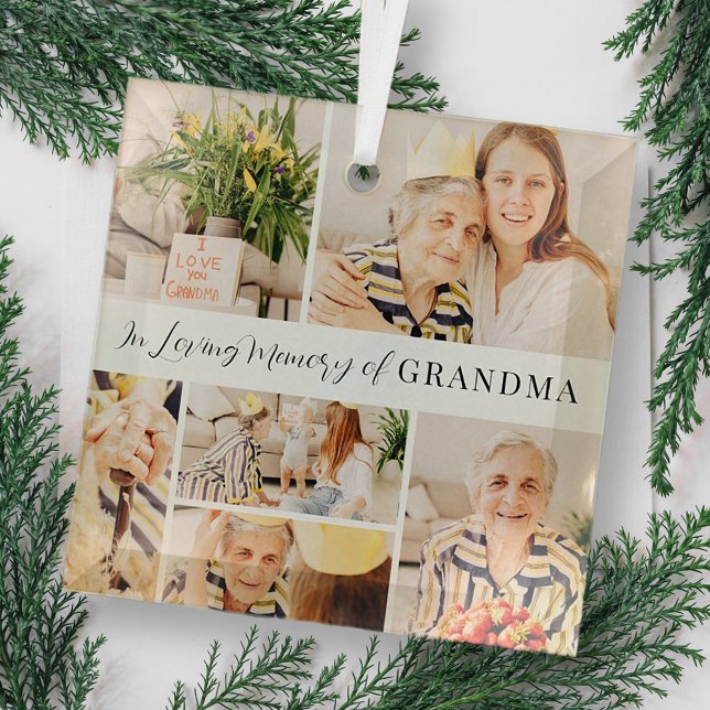 In Loving Memory of Grandma Modern Photo Collage Glass Ornament (Creator Uploaded)