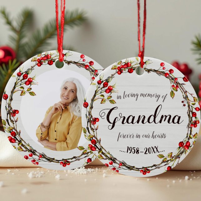 In Loving Memory of Grandma Rustic Wreath Memorial Ceramic Ornament (Creator Uploaded)