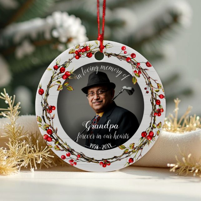In Loving Memory of Grandpa Rustic Wreath Memorial Ceramic Ornament (Creator Uploaded)