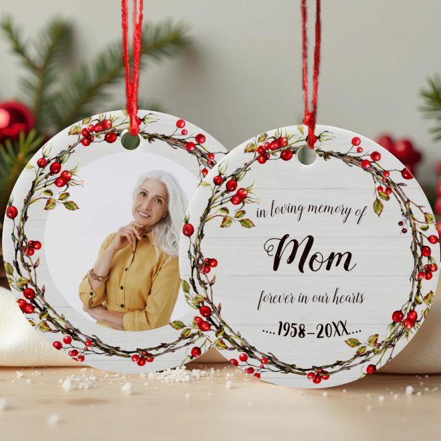 In Loving Memory of Mom | Rustic Wreath Memorial Ceramic Ornament (Creator Uploaded)