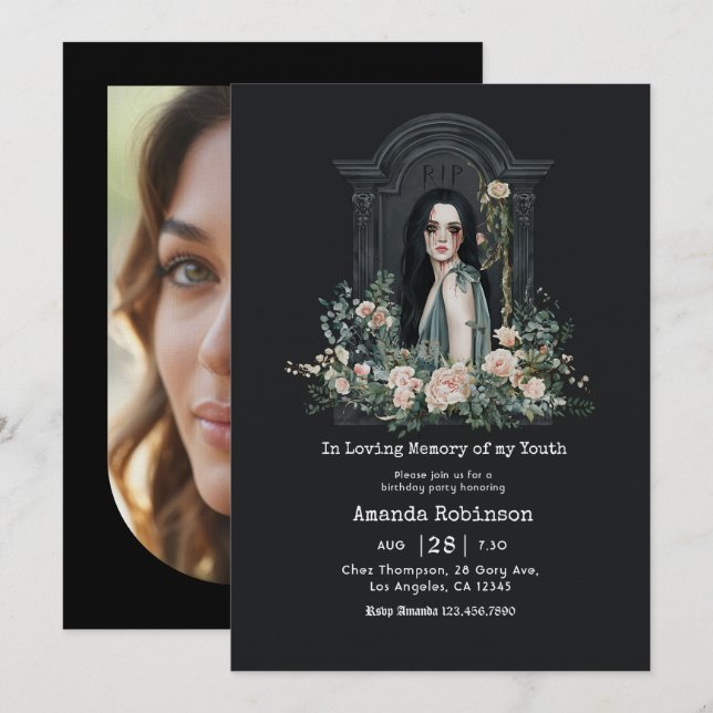 In Loving Memory of My Youth Gothic Birthday Photo Invitation (Front/Back)