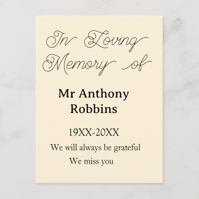 In Loving memory of name funeral memory keepsake Postcard (Front)