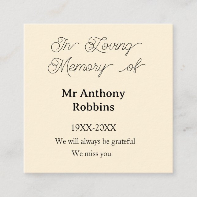In Loving memory of name funeral memory keepsake Square Business Card (Front)