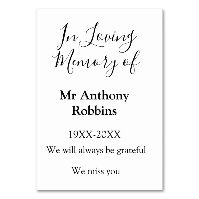 In Loving memory of name funeral memory keepsake Table Number (Front)