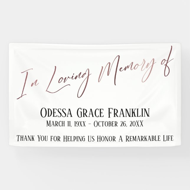 In Loving Memory of Rose Gold Modern Handwriting Banner (Horizontal)