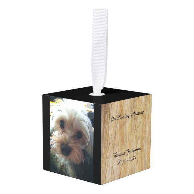 In Loving Memory Personalize Pet Loss Photo Rustic Cube Ornament (Front Angled)