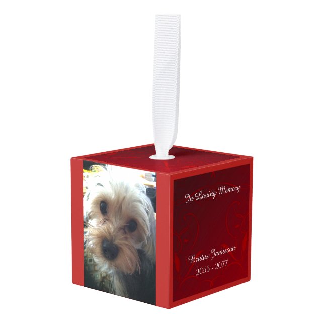 In Loving Memory Personalized Pet Loss Photo Red Cube Ornament (Front Angled)