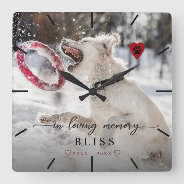 In Loving Memory Pet Photo Paw Print Monogram Square Wall Clock (Front)