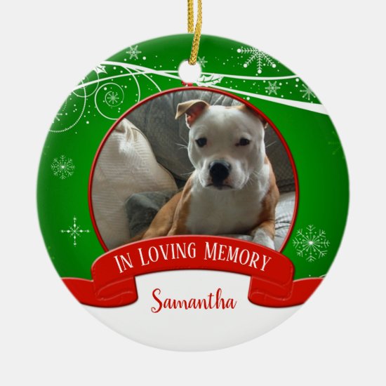 In Loving Memory Pet Photo Red Green Christmas Ceramic Ornament