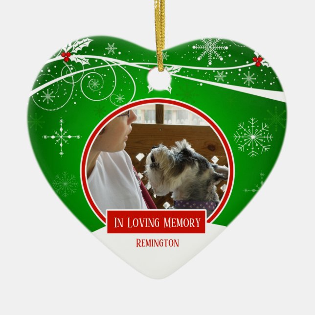 In Loving Memory Pet Red Green Christmas Heart Ceramic Ornament (Front)