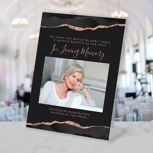 In Loving Memory Photo Black Rose Gold Wedding Pedestal Sign (Creator Uploaded)