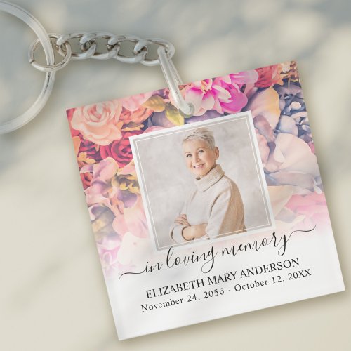 In Loving Memory Photo Bright Floral Memorial Keychain