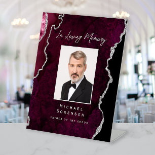 In Loving Memory Photo Burgundy Silver Agate Pedestal Sign