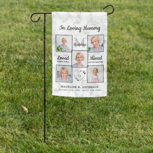 In Loving Memory Photo Collage Memorial Cemetery Garden Flag - In Loving Memory custom memorial garden flag in a modern white marble design. This unique photo collage memorial garden flag is the perfect gift for yourself, family or friends to honor those loved . 
This memorial garden flag is perfect for a grave stone flag, cemetery graves or marker flag. Celebration of Life.
 Quote " In Loving Memory.. Loved beyond words , Missed beyond measure. " 
 See 'personalize this template' to change photos, monogram initial, and name, dates .COPYRIGHT © 2020 Judy Burrows, Black Dog Art - All Rights Reserved. In Loving Memory Photo Collage Memorial Cemetery Garden Flag