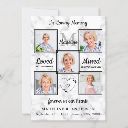 In Loving Memory Photo Collage Sympathy Funeral Thank You Card - Modern White Marble Unique Funeral Thank You Cards. These sympathy funeral cards feature a unique photo collage for 5 of your favorite photos, monogram initial and name, a heartfelt Quote "In Loving Memory....Loved Beyond Words, Missed Beyond Measure...Forever in our Hearts" on chalkboard in a gray and white design. These memorial sympathy cards are perfect for funeral thank you cards, or celebration of life thank you cards.
  Personalize back with your message of thanks, name and dates.  ...COPYRIGHT © 2020 Judy Burrows, Black Dog Art - All Rights Reserved. In Loving Memory Photo Collage Sympathy Funeral Thank You Card