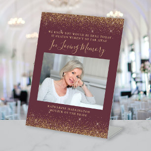In Loving Memory Photo Dark Burgundy Gold Wedding Pedestal Sign