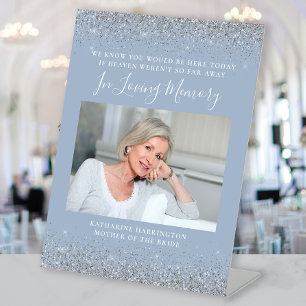 In Loving Memory Photo Dusty Blue Silver Wedding Pedestal Sign