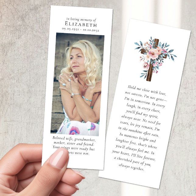In Loving Memory Photo Floral Cross Funeral Bookmarks (Creator Uploaded)