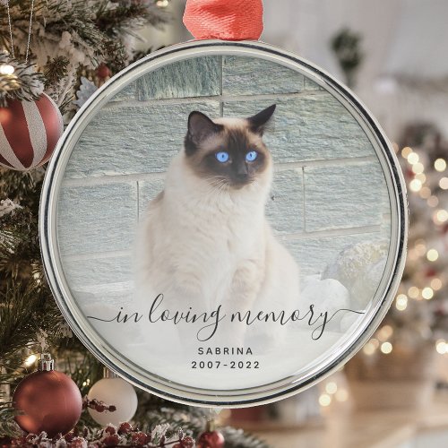 In Loving Memory Photo Gray Script Pet Memorial Metal Ornament