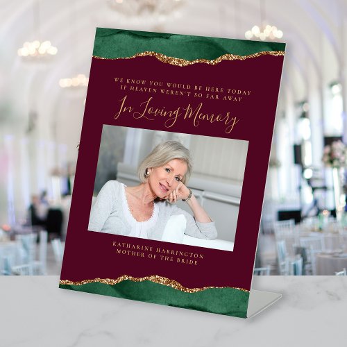 In Loving Memory Photo Green Burgundy Wedding Pedestal Sign