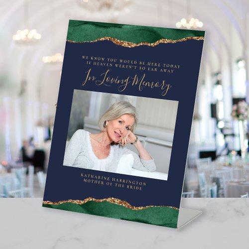 In Loving Memory Photo Green Navy Blue Wedding Pedestal Sign