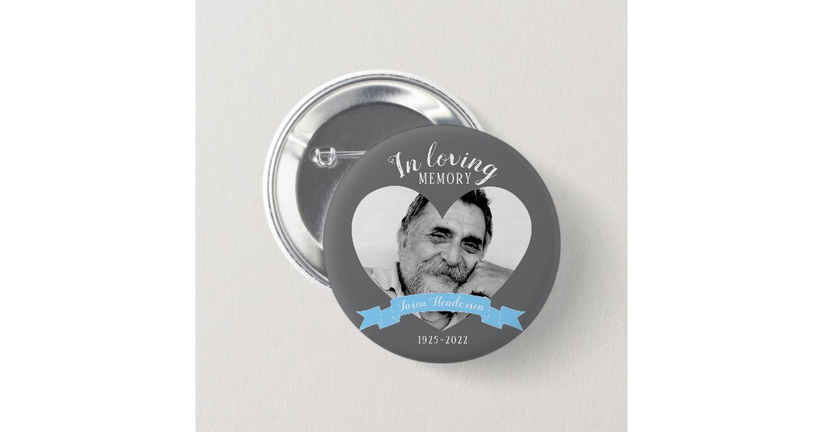 Blue Ribbon Memory In loving memory photo heart blue ribbon button | Zazzle