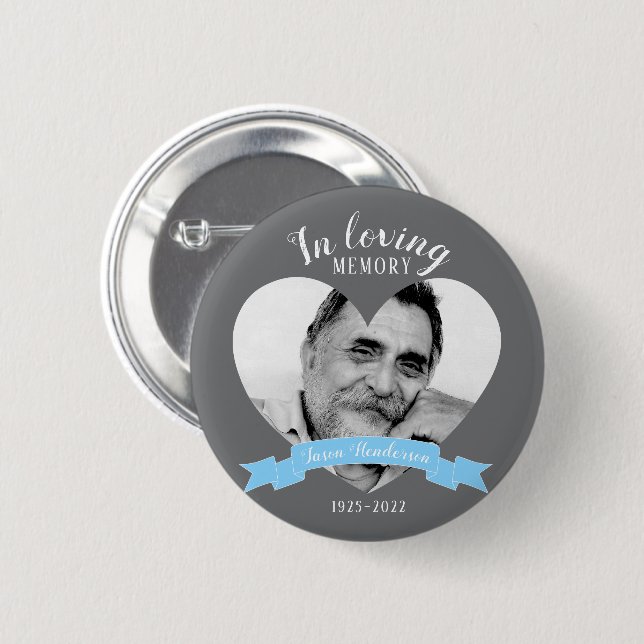 In loving memory photo heart blue ribbon button (Front & Back)