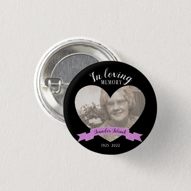 In loving memory photo heart name button/badge button (Front & Back)
