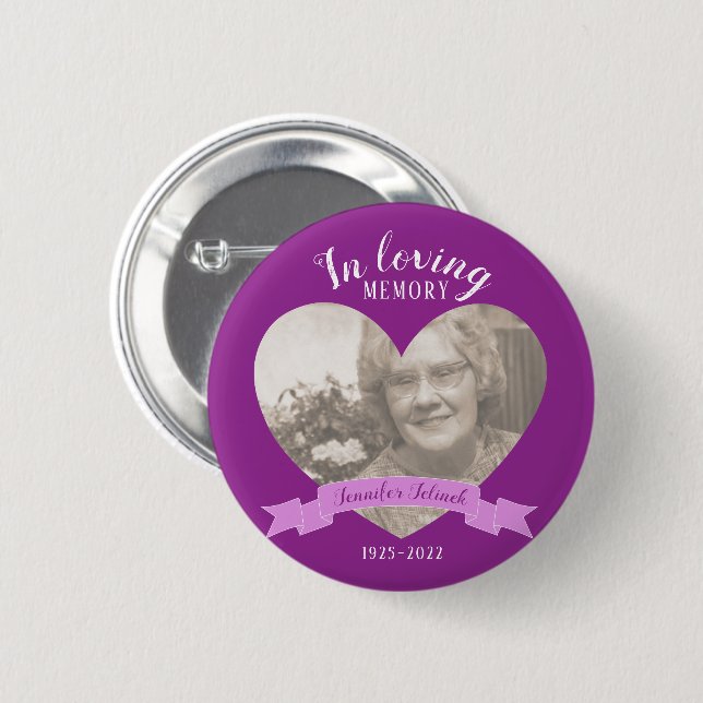 In loving memory photo heart name purple button (Front & Back)