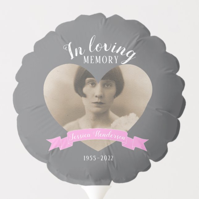 In loving memory photo heart pink ribbon  balloon (Back)