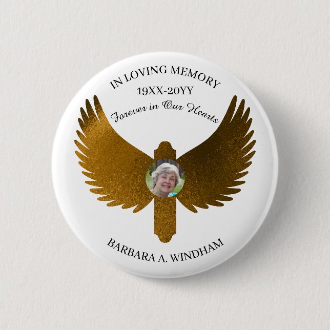 In Loving Memory Photo Keepsake Cross with Wings Button (Front)