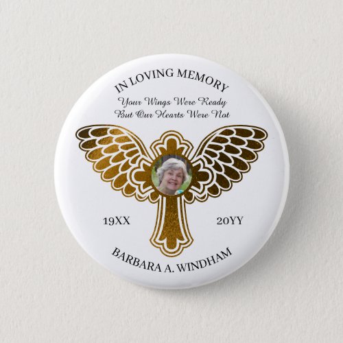 In Loving Memory Photo Keepsake Cross with Wings Button