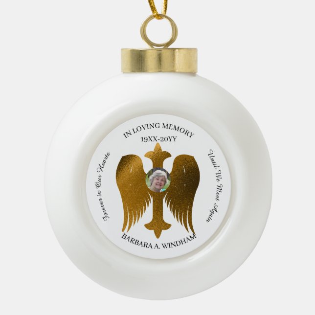 In Loving Memory Photo Keepsake Cross with Wings Ceramic Ball Christmas Ornament (Front)