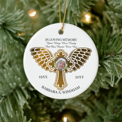 In Loving Memory Photo Keepsake Cross with Wings Ceramic Ornament