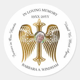 In Loving Memory Photo Keepsake Cross with Wings Classic Round Sticker