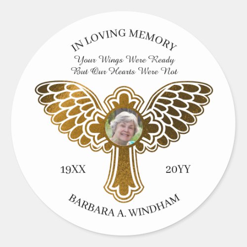 In Loving Memory Photo Keepsake Cross with Wings Classic Round Sticker